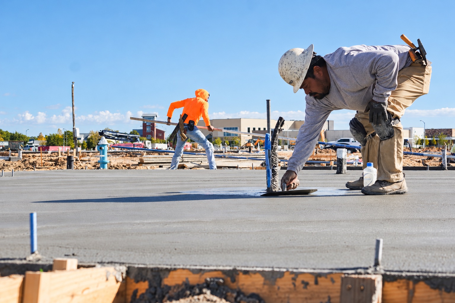 Crew member hand-finishing a fresh concrete slab